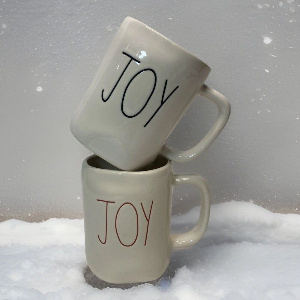 Rae Dunn "Joy" Artisan Magenta Collection Set Of 2 Mugs Cups Tea Coffee White